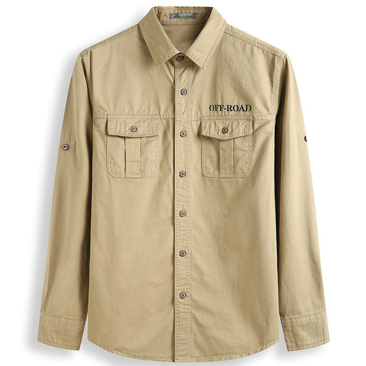 Men's classic safari field shirt with ventilation eyelets, sleeve elevator, and double flap chest pockets.
