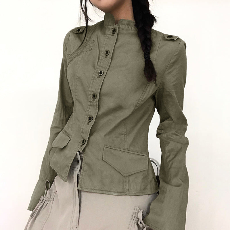 Women's tailored utility military jacket with stand-up collar, shoulder epaulettes, and applied flap pockets Mune Fashion