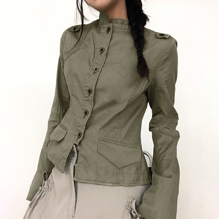 Women's tailored utility military jacket with stand-up collar, shoulder epaulettes, and applied flap pockets Mune Fashion