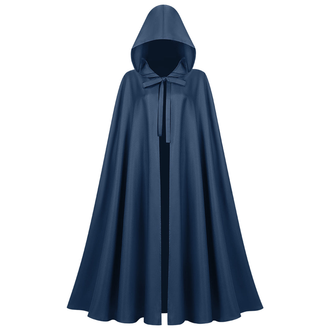 Unisex longer hooded cloak made of water-repellent polyester with a full round cut and drawstring