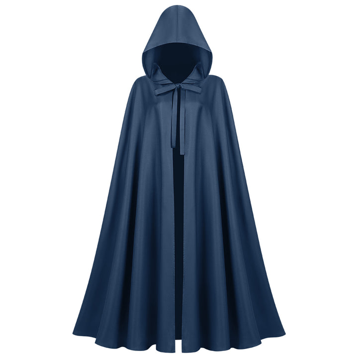 Unisex longer hooded cloak made of water-repellent polyester with a full round cut and drawstring