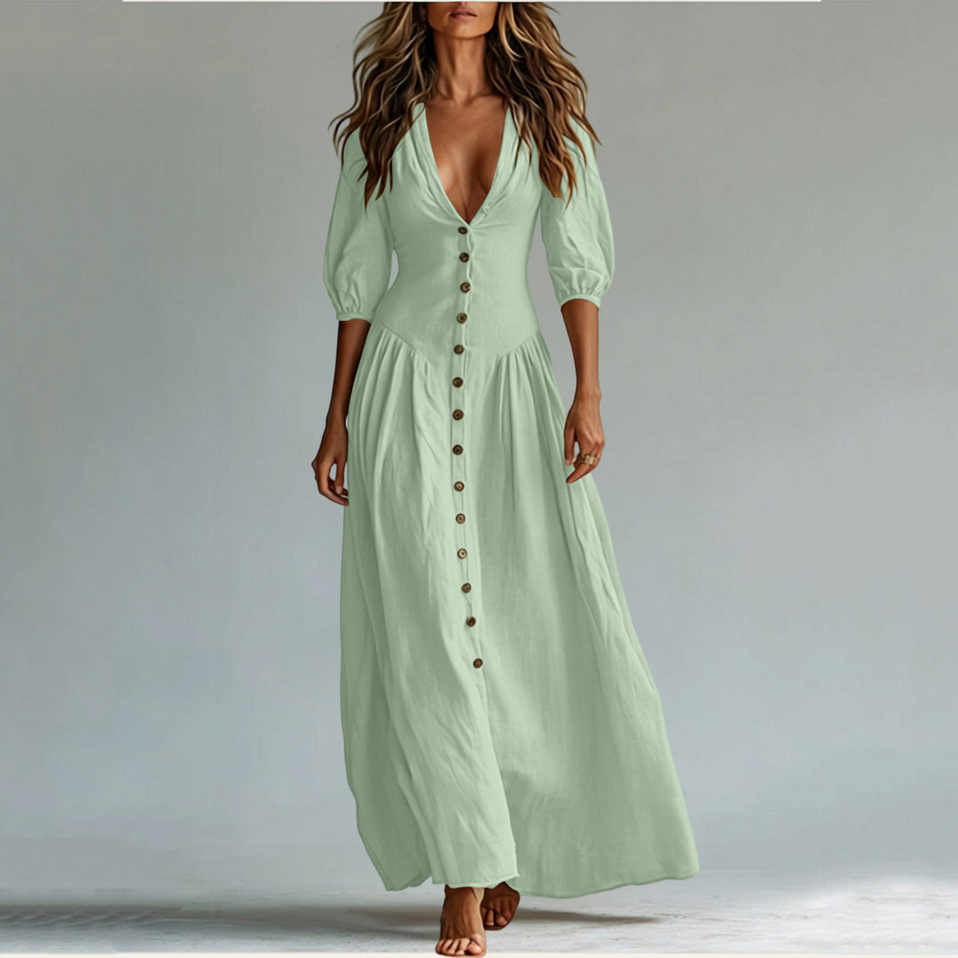 Ladies max dress with deep V-neck, button placket and balloon sleeves Mune Fashion