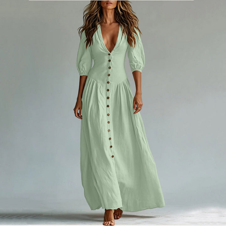 Ladies max dress with deep V-neck, button placket and balloon sleeves Mune Fashion
