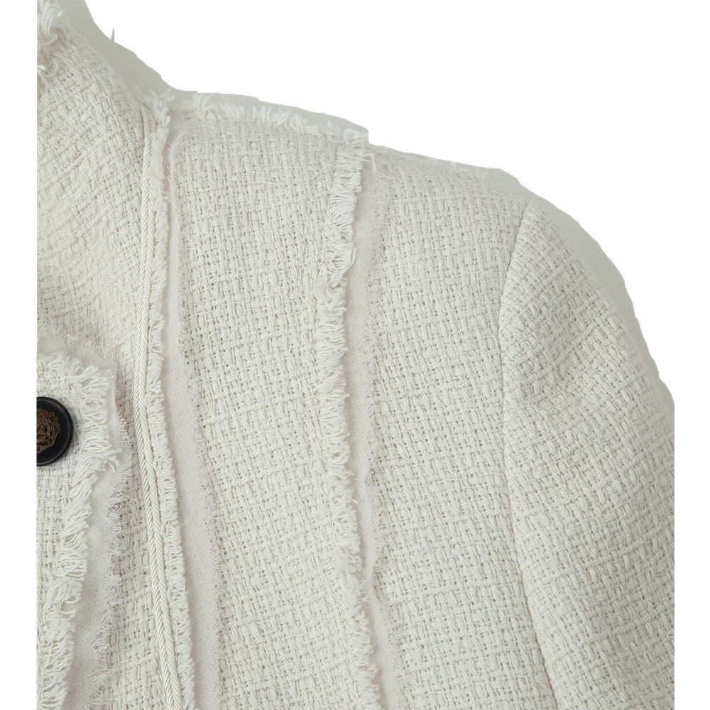 Women Boucle Blazer with Stand Collar, Asymmetrical Closure and Fringed Hem Mune Fashion