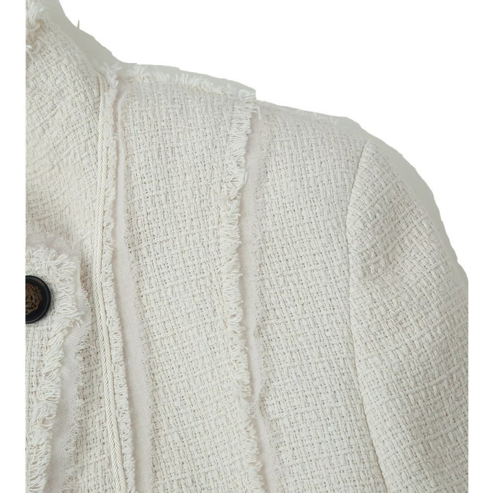 Women Boucle Blazer with Stand Collar, Asymmetrical Closure and Fringed Hem Mune Fashion