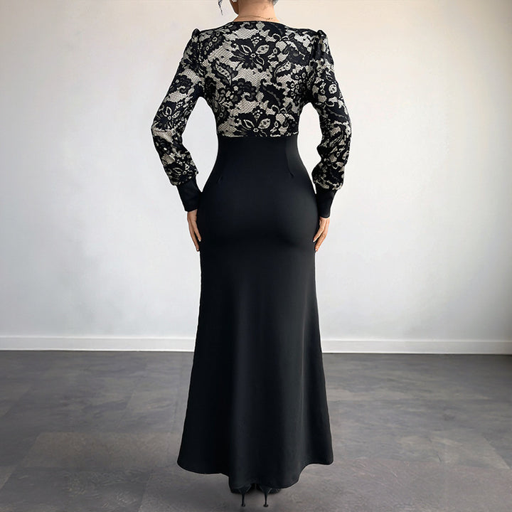 Women Figure-hugging Maxi Dress with Lace Top, V-Neck and Decorative Button Placket Mune Fashion
