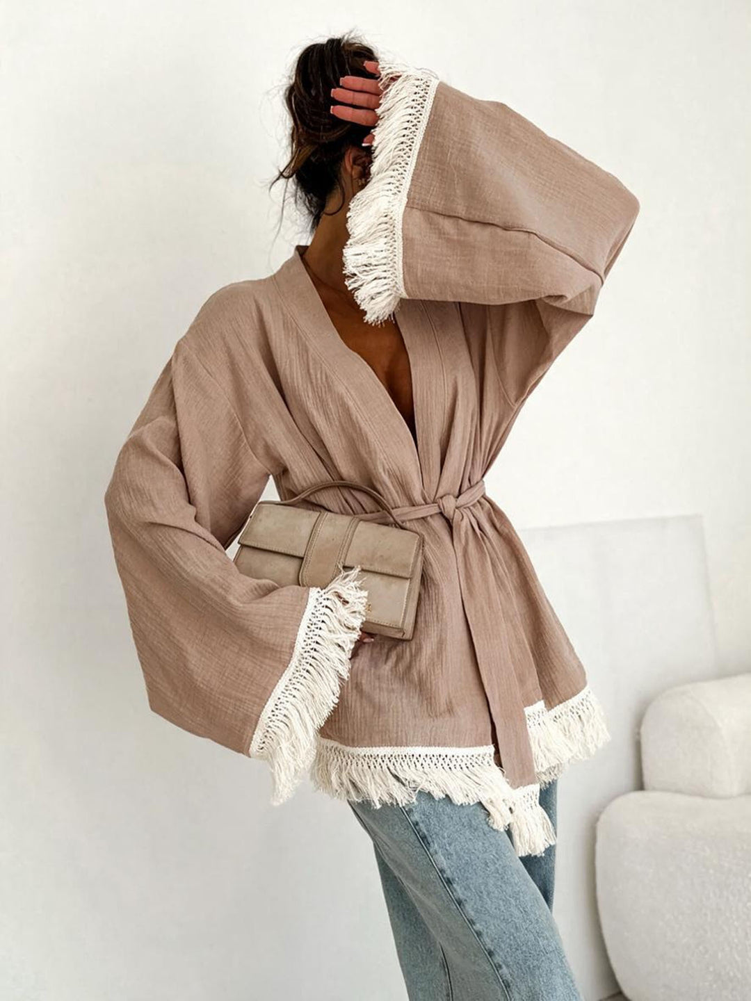 Women's Fringe Kimono Jacket in Linen Look with Waist Belt Mune Fashion