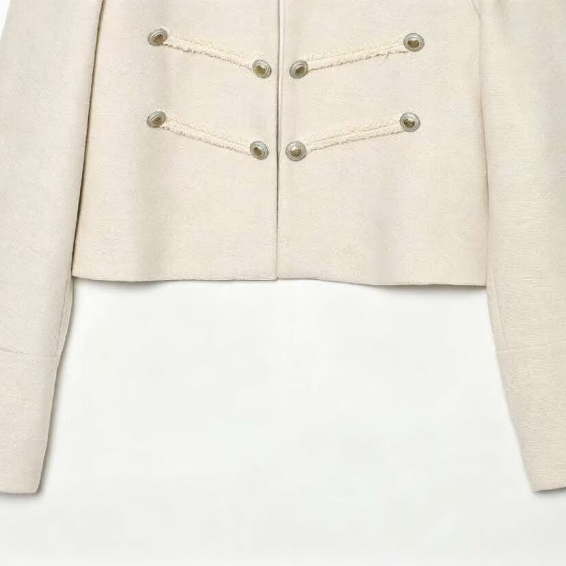 Women's short military jacket with stand-up collar, decorative cords and decorative buttons Mune Fashion