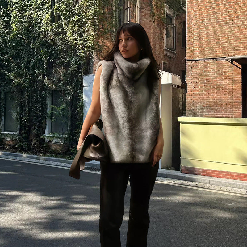 Women’s Sleeveless Faux Fur Vest with High Wrap Collar and Short Cut Mune Fashion
