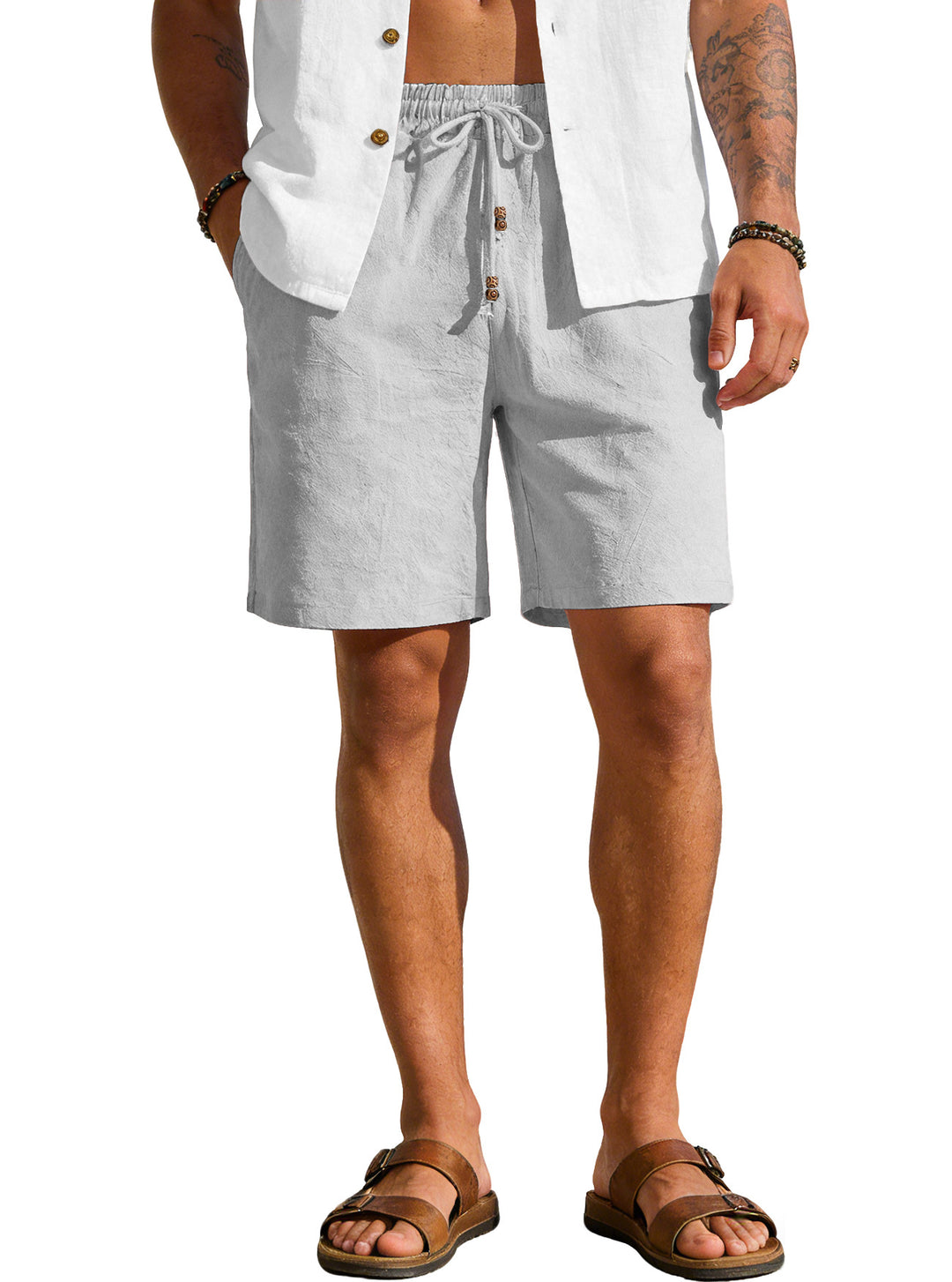 Men's lightweight beach Bermuda shorts made of linen blend with elastic waistband, drawstring and decorative button placket Mune Fashion