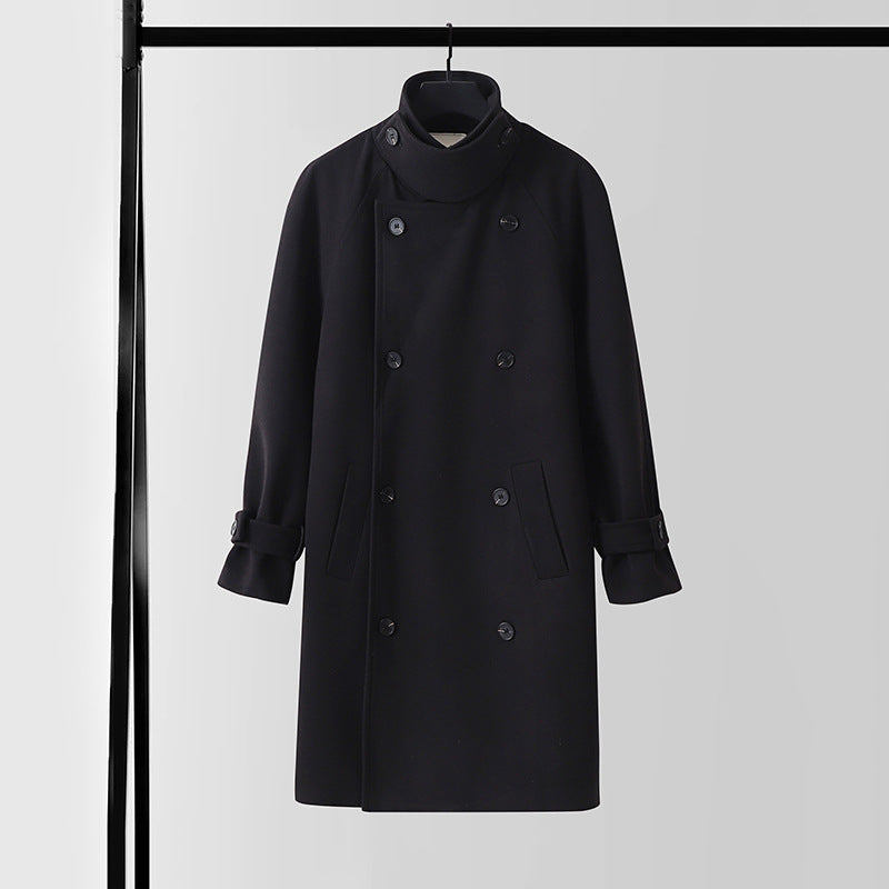 Men's Dramatically Cut Double Breasted Wool Blend Long Coat with Collar Tabs and Tie Belt Mune Fashion