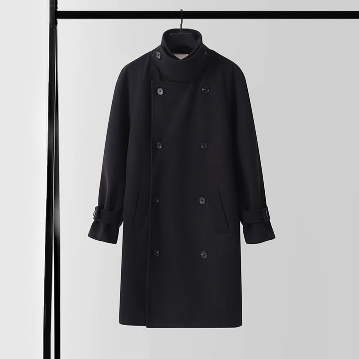 Men's Dramatically Cut Double Breasted Wool Blend Long Coat with Collar Tabs and Tie Belt Mune Fashion