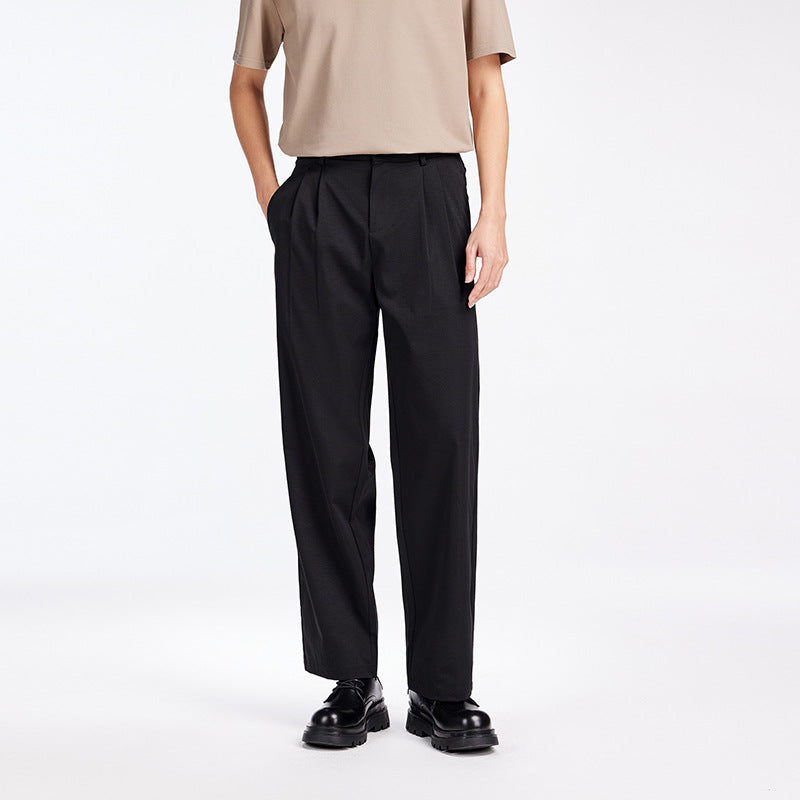 Men's Elegant Pleated Fabric Pants with High Waist, Crease and Straight Leg Mune Fashion