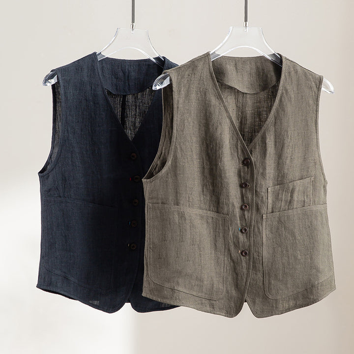 Women's linen vest with V-neck, patch pockets, and relaxed fit Mune Fashion