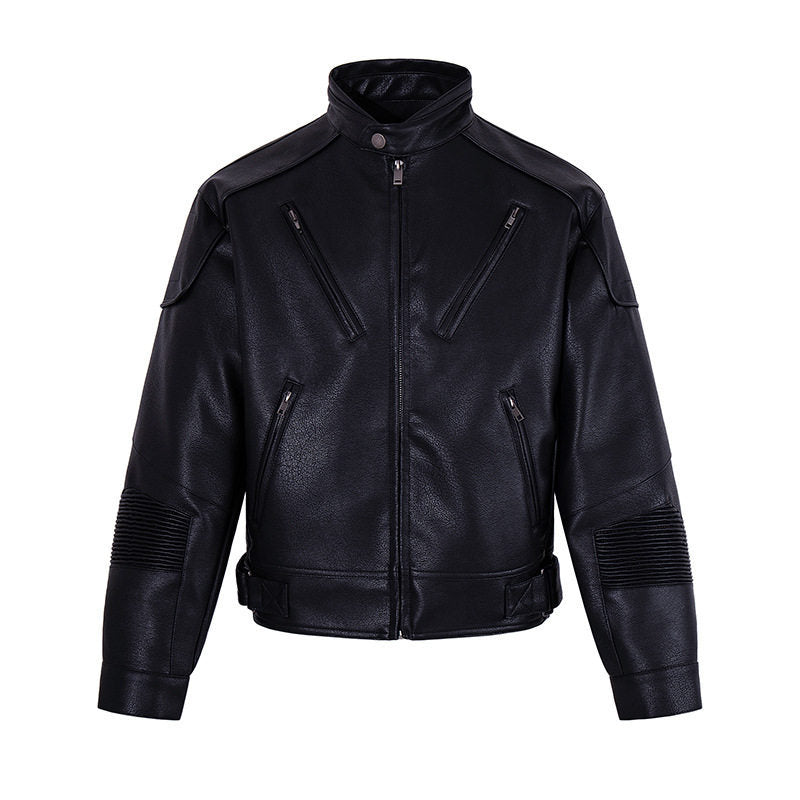 Men's biker jacket made of faux leather with stand-up collar, zipper pockets, and quilted elbow area Mune Fashion