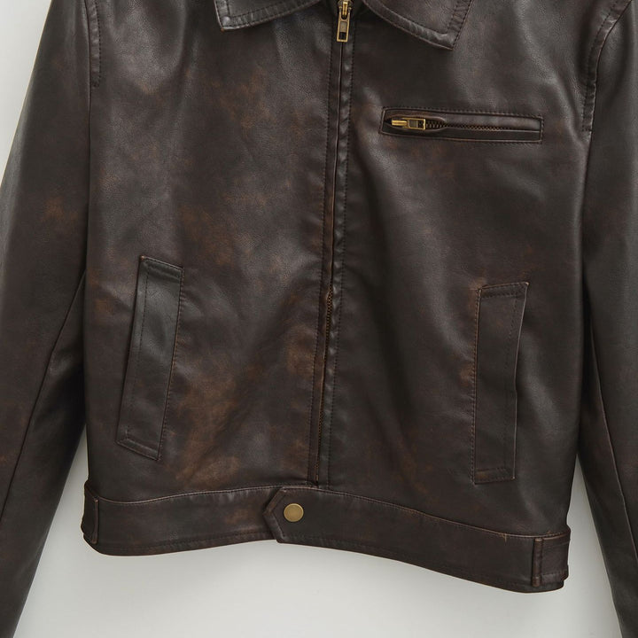 Men's vintage-inspired bomber style leather jacket with zipper and chest pocket Mune Fashion