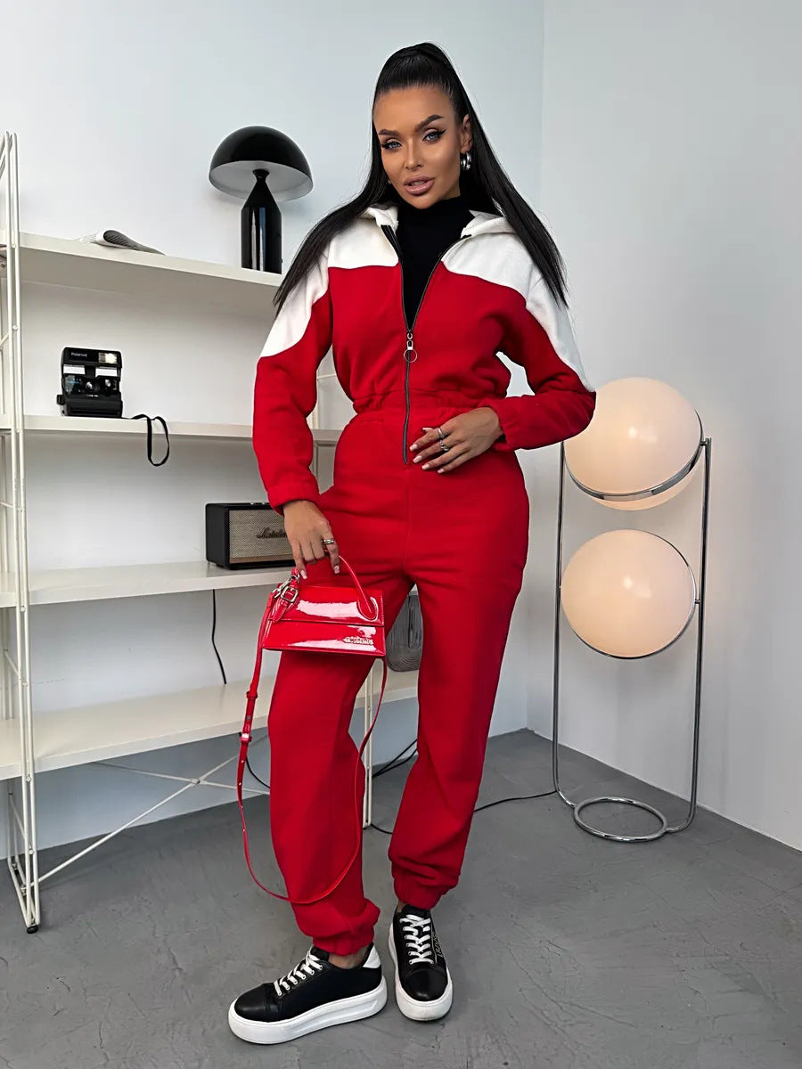 Ladies cozy fleece jumpsuit with hood, full-length zipper and elastic cuffs Mune Fashion