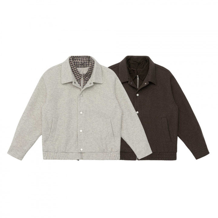 Men's short-cut wool blend field jacket with plaid inner lining and snap button placket Mune Fashion
