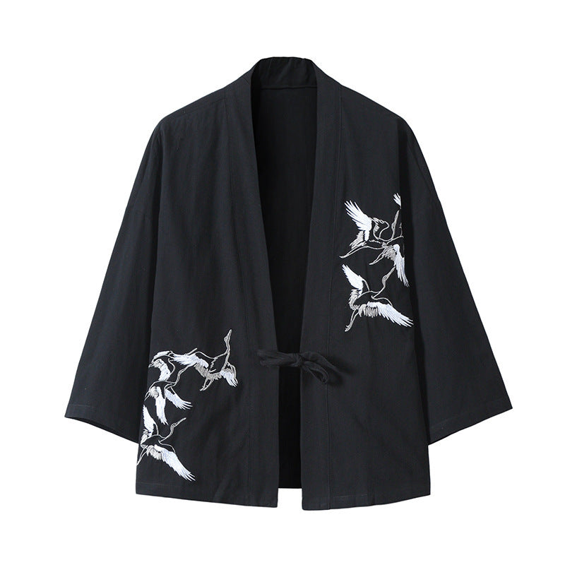 Unisex nan Japanese inspired kimono jacket with crane embroidery and tie closure Mune Fashion