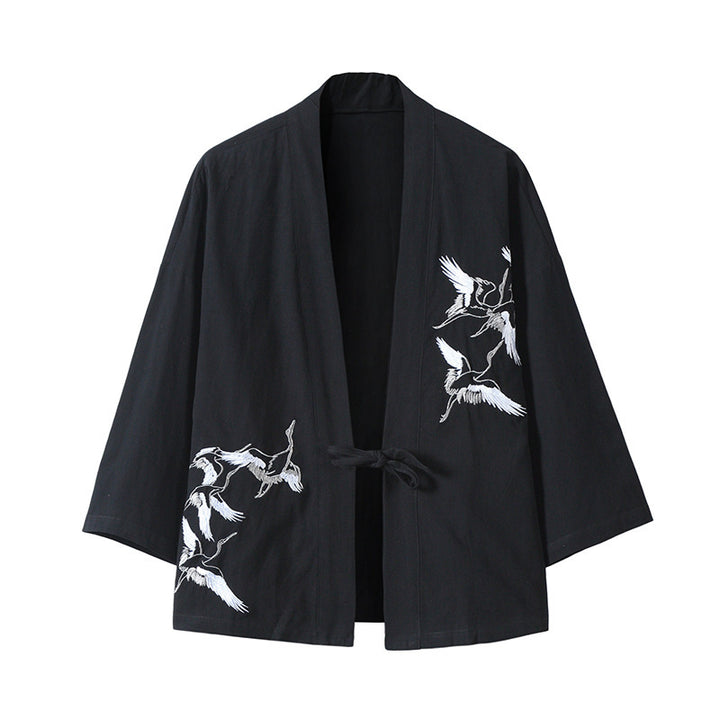 Unisex nan Japanese inspired kimono jacket with crane embroidery and tie closure Mune Fashion