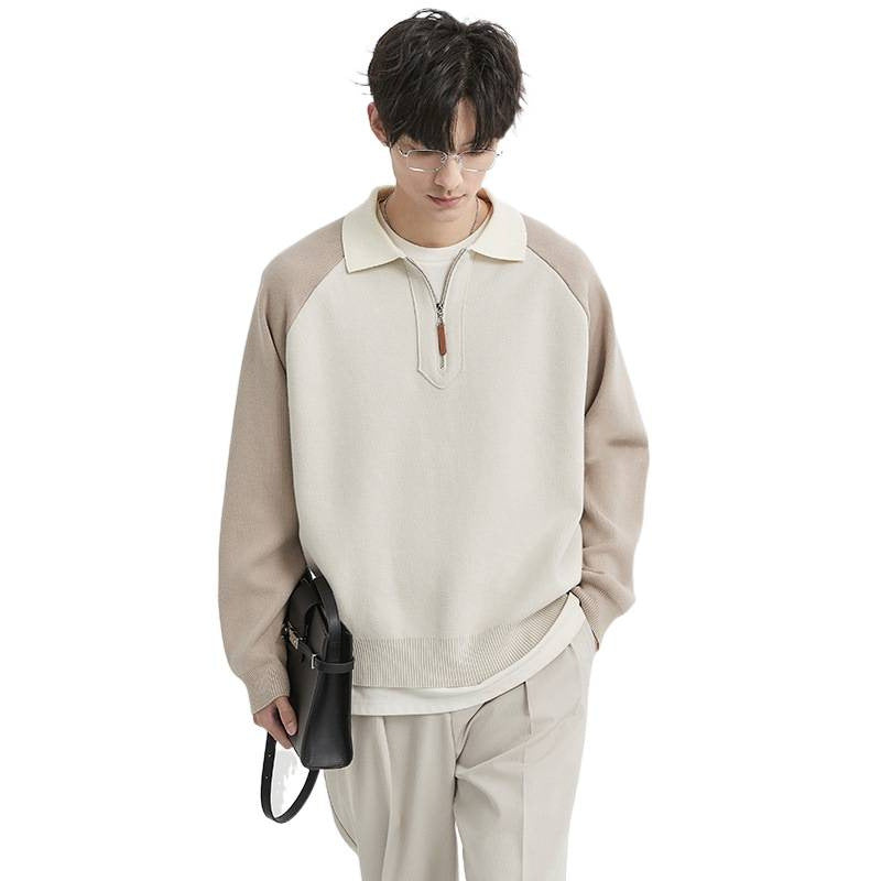 Men's Half-Zip Sweater with Polo Collar and Colorblock Sleeves Mune Fashion