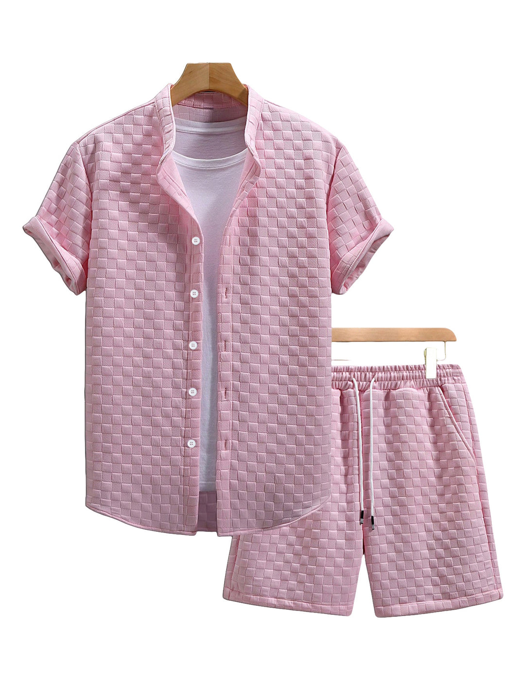 Men's two-piece summer ensemble with stand-up collar shirt jacket and elastic comfort shorts in embossed checked texture Mune Fashion