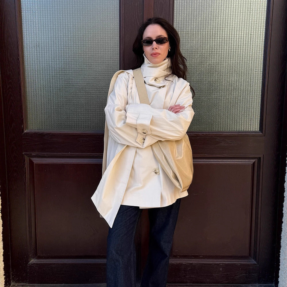 Ladies Short Oversize Trench Coat with High Stand-Up Collar, Concealed Button Placket & Wide Cuffs Mune Fashion