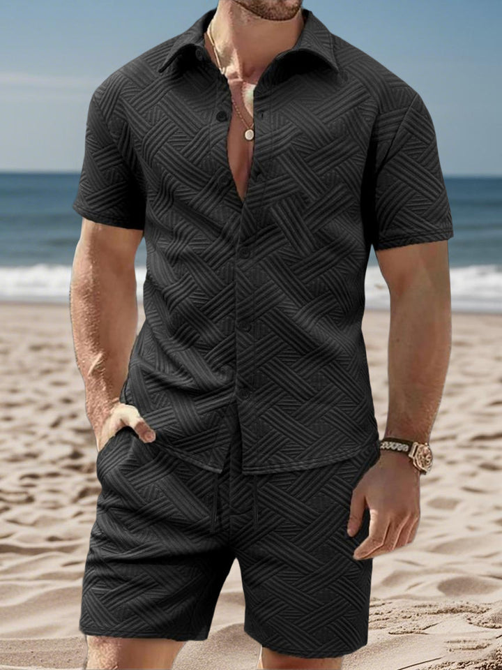 Men's embossed beach ensemble with open short sleeve shirt and cord Bermuda Mune Fashion