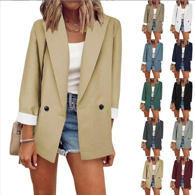 Women's Oversize Longline Blazer with 3/4 Sleeves, Contrast Lapel and Patch Pockets Mune Fashion