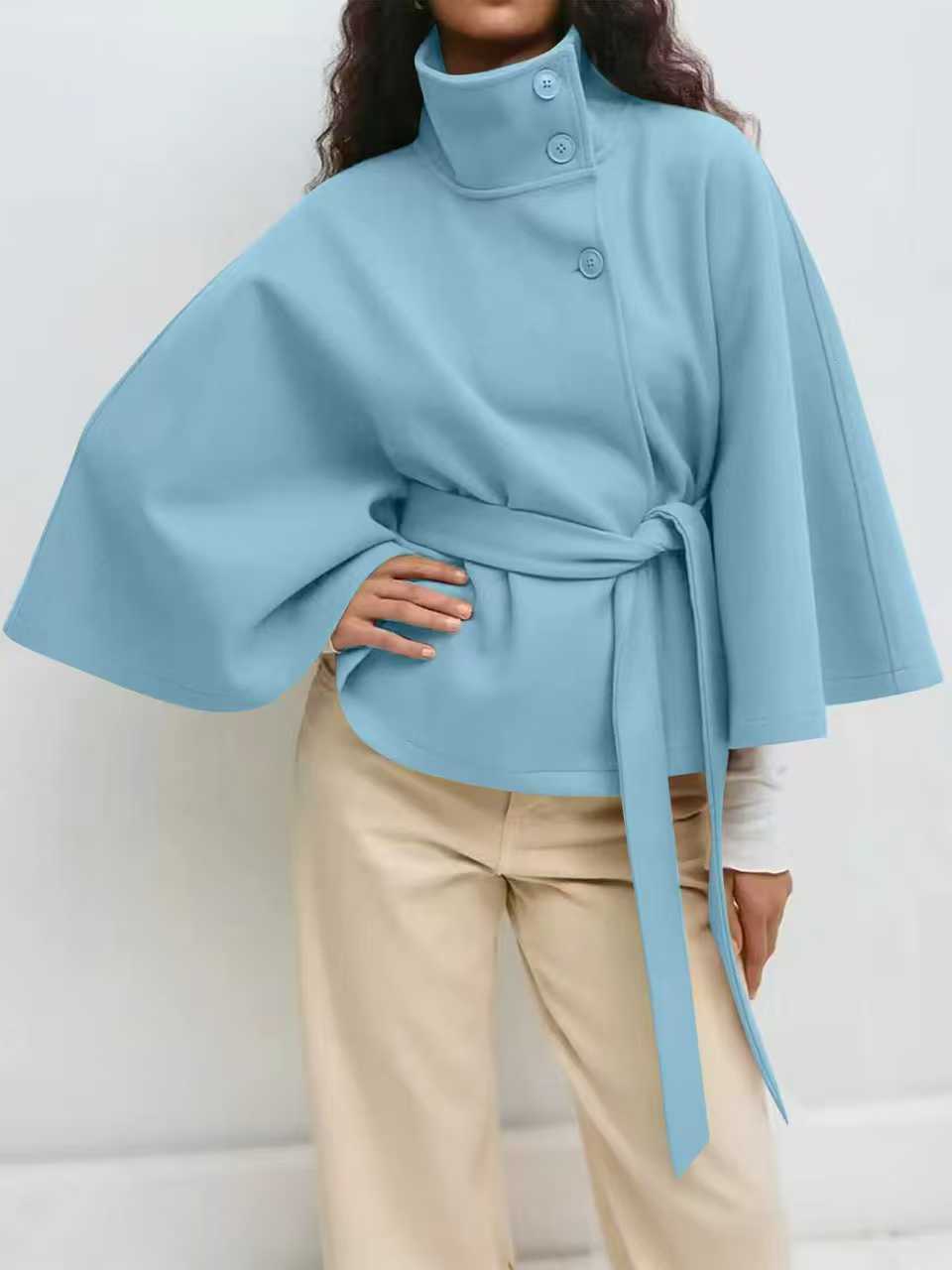 Women's Widely Cut Cape Coat with High Stand-up Collar, Button Placket, and Tie Belt Mune Fashion