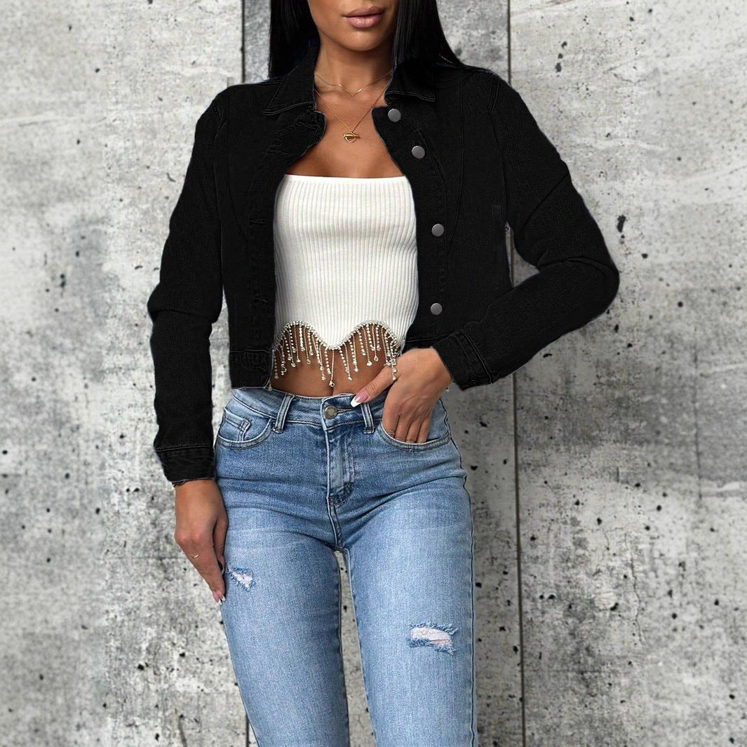 Women short-cut fitted denim jacket with full button placket and shirt collar Mune Fashion