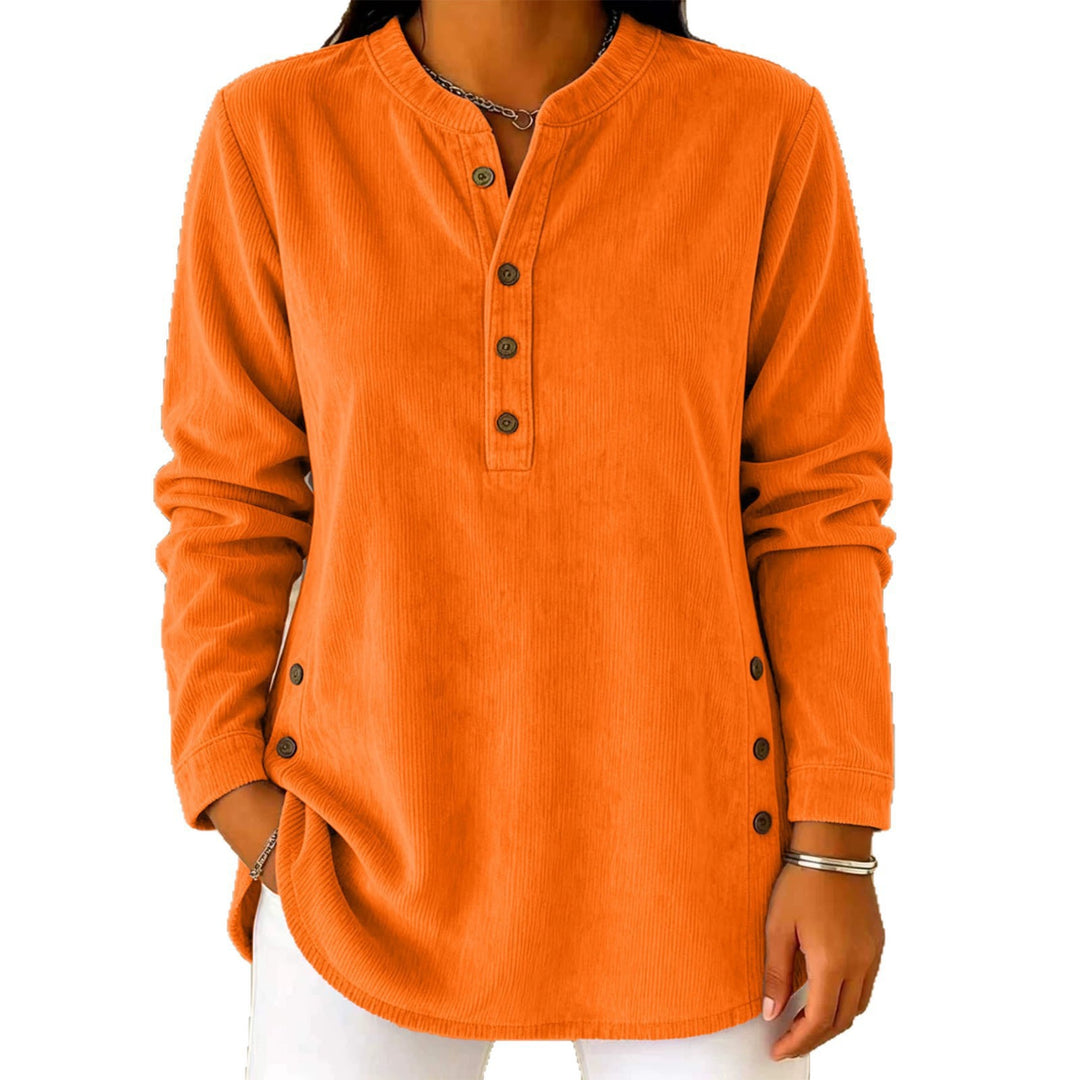 Women Casual Corduroy Look Tunic with Henley Neckline and Side Buttons Drune