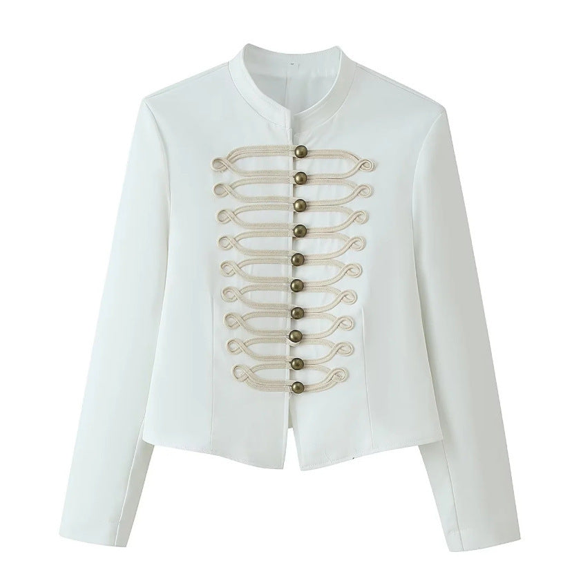 Women Military Inspired Short Stand Collar Jacket with Decorative Cords and Brass Buttons Mune Fashion