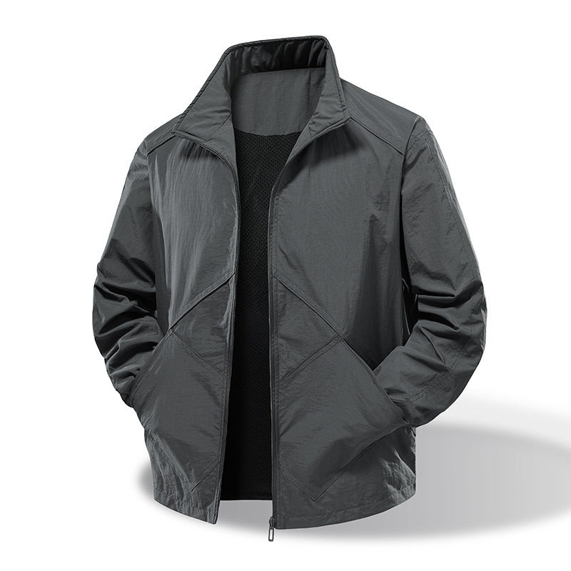 Men's Lightweight Windbreaker Outdoor Jacket with Stand Collar, Two-way Zipper and Concealed Pockets Mune Fashion