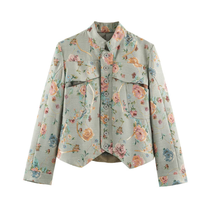 Women's Embroidered Jacquard Short Jacket with Mandarin Collar and Flap Pockets Mune Fashion