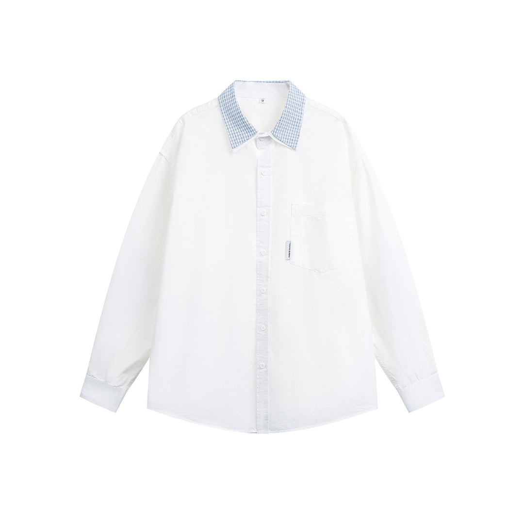 Unisex Oversize Cotton Shirt with Contrasting Check Collar and Chest Pocket Mune Fashion