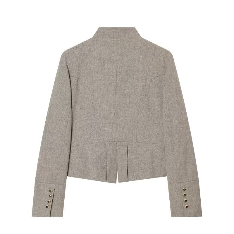 Ladies short blazer in military style with stand collar and decorative button rows Mune Fashion