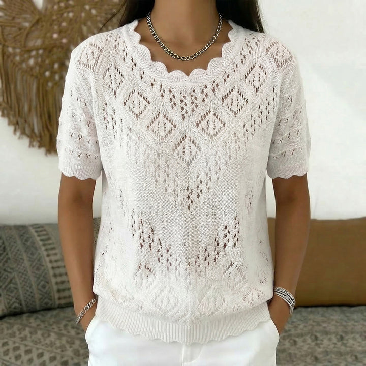 Women's short-sleeved lace knit sweater with openwork pattern and curved neckline Mune Fashion