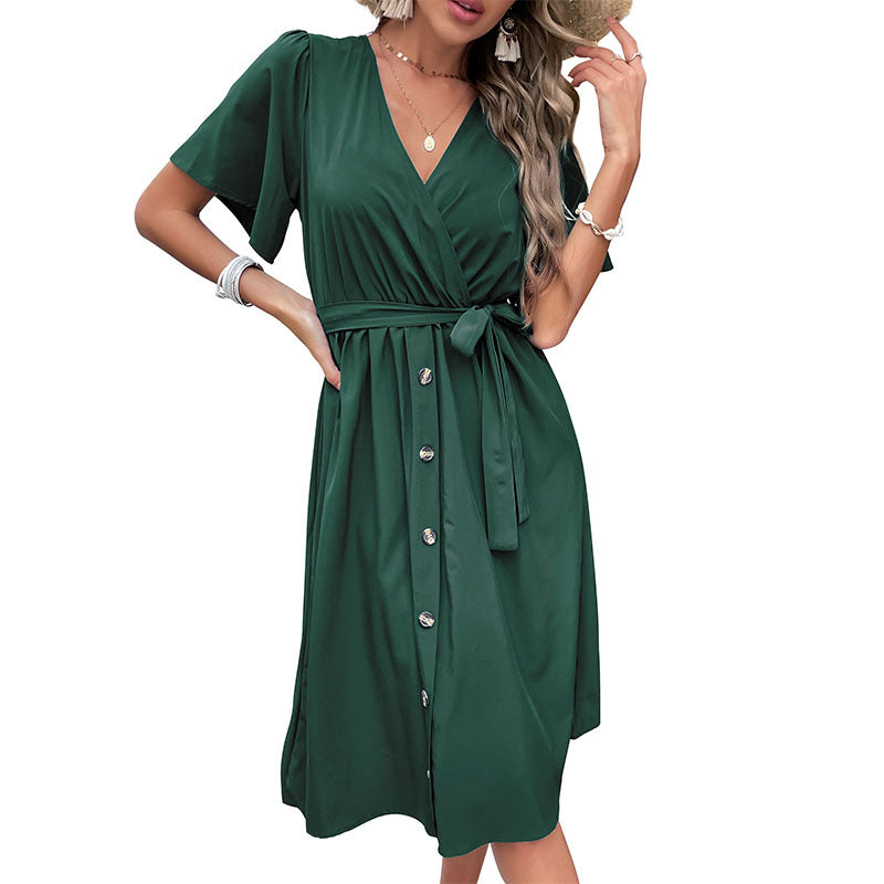 Ladies wrap dress with button placket and waist belt Mune Fashion