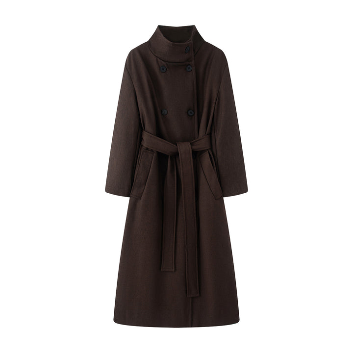 Women's longer double-breasted coat with high stand-up collar, wide tie belt, and concealed side pockets Mune Fashion