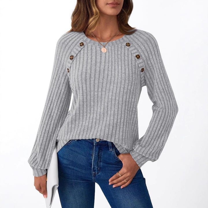 Women's Ribbed Knit Sweater with Decorative Button Placket on Raglan Sleeves Mune Fashion