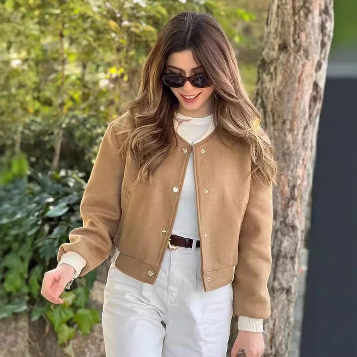 Women's Short Jacket in College Bomber Style with Concealed Snap Button Placket and Contrasting Ribbed Cuffs Mune Fashion