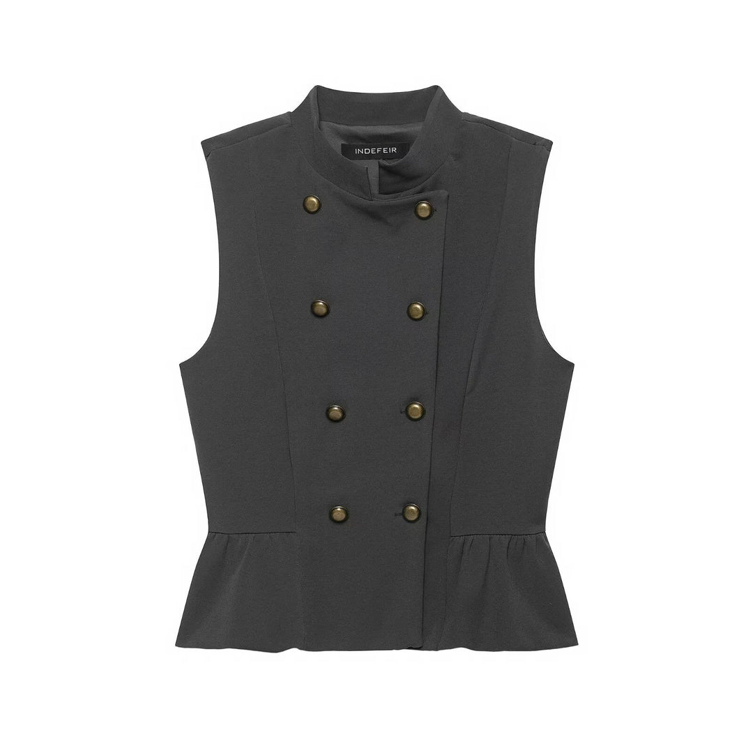 Women Double-Breasted Tailored Vest with Stand-up Collar and Waist Ruffle Mune Fashion