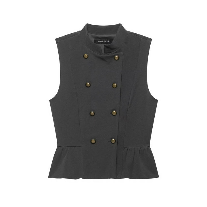 Women Double-Breasted Tailored Vest with Stand-up Collar and Waist Ruffle Mune Fashion