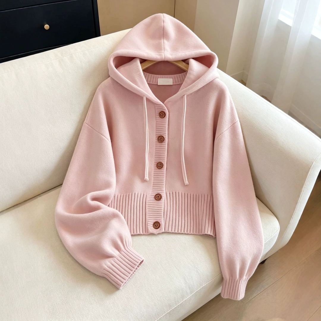 Women's Hooded Knitted Cardigan with Button Placket, Ribbed Cuff, and Oversized Sleeves Mune Fashion