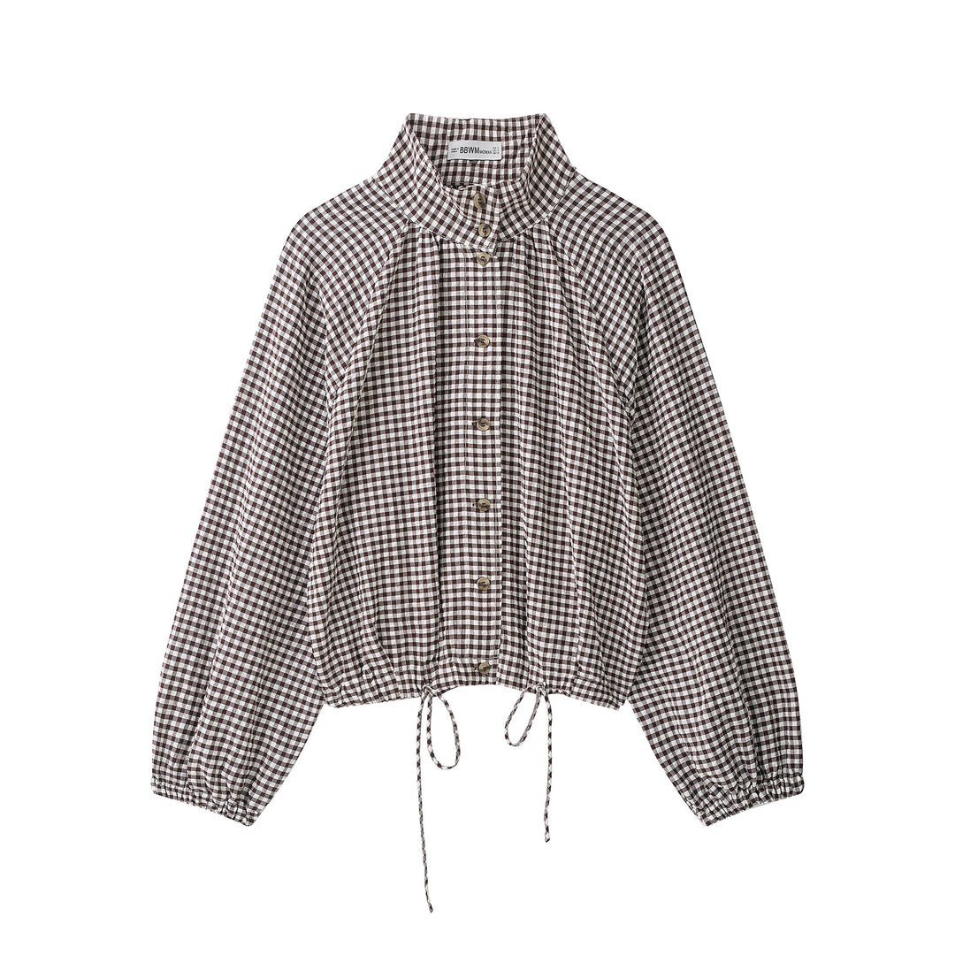 Women’s check blouse with stand-up collar, button closure and drawstring hem Mune Fashion