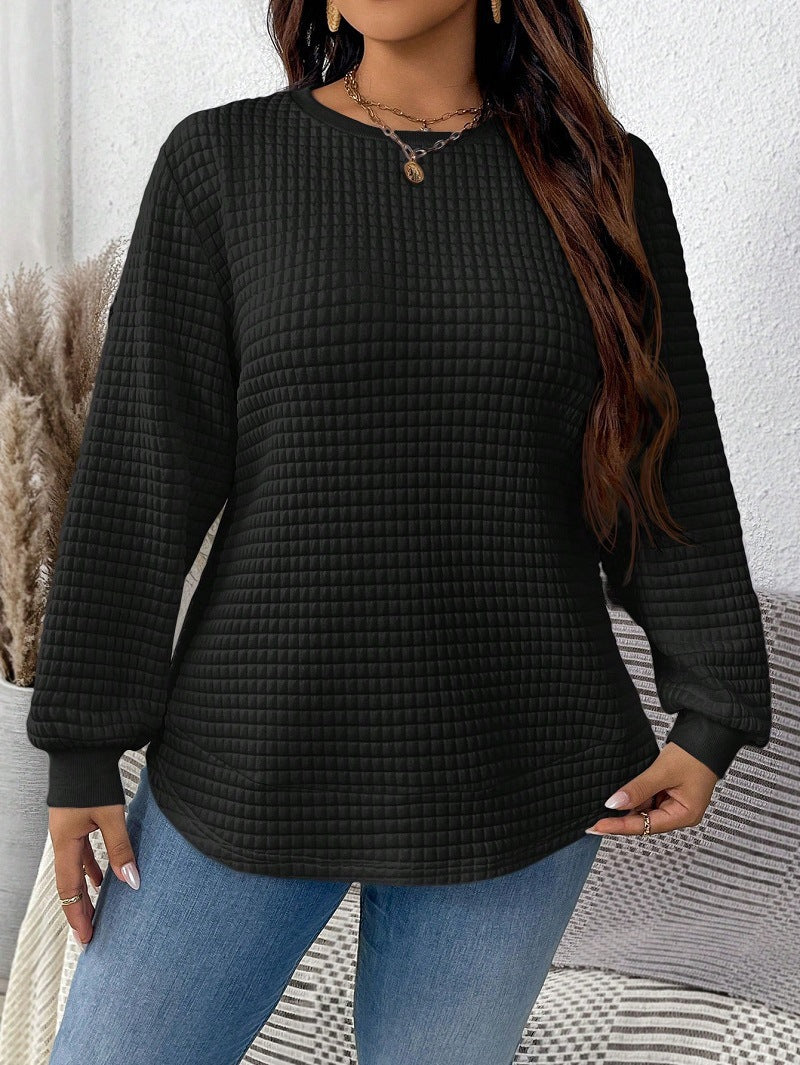 Women waffle knit long sleeve with round neckline, slightly A-line cut and ribbed cuffs Mune Fashion