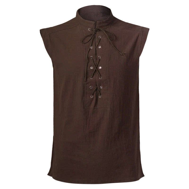 Men's sleeveless vintage linen shirt with chest lacing and stand-up collar Mune Fashion