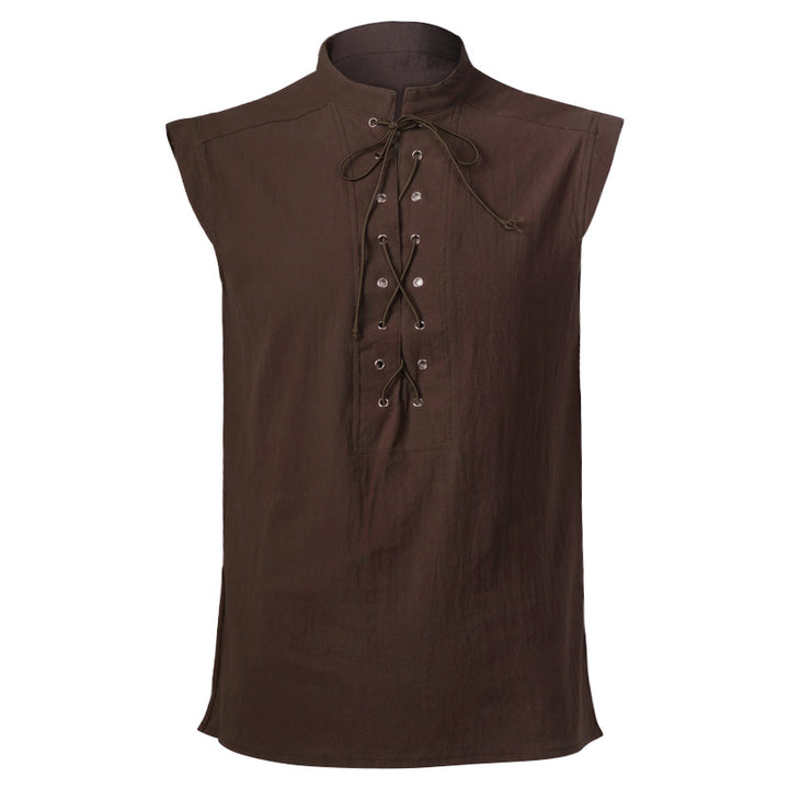 Men's sleeveless vintage linen shirt with chest lacing and stand-up collar Mune Fashion
