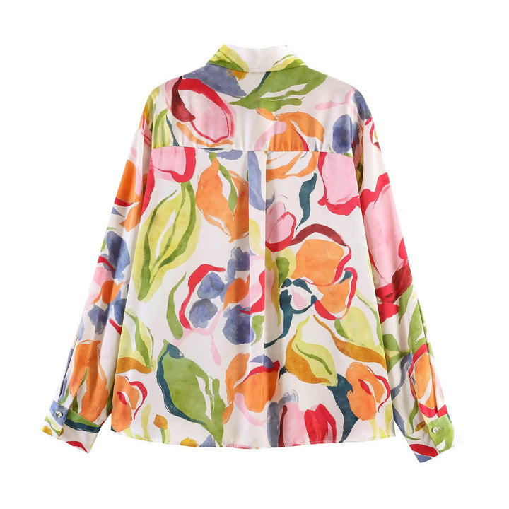 Women's Printed Oversized Blouse with Shirt Collar and Pearl Buttons Mune Fashion